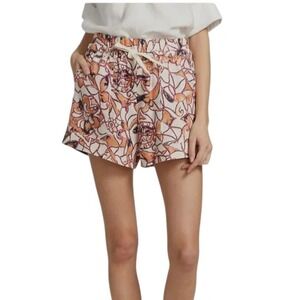 ALC Billy II Size 6 100% Linen Drawstring Shorts High Waist Abstract Print